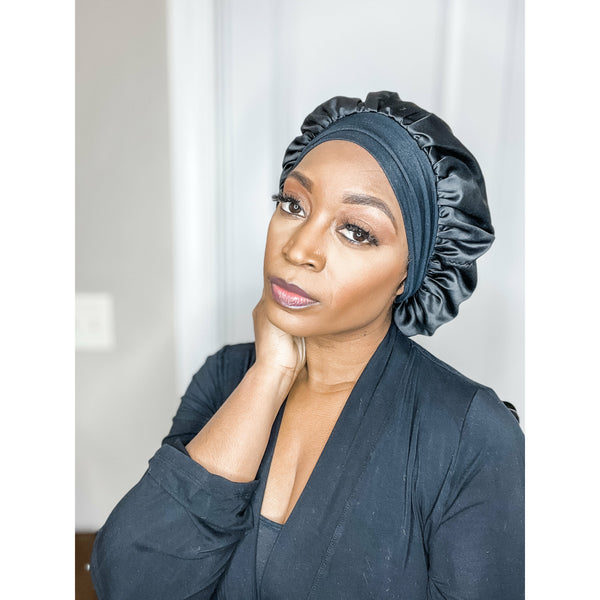 Black Reversible Satin Bonnet